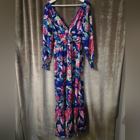 Chicways Floral Deep V Neck Maxi Dress Size Medium Pink And Blue - Picture 6 of 10